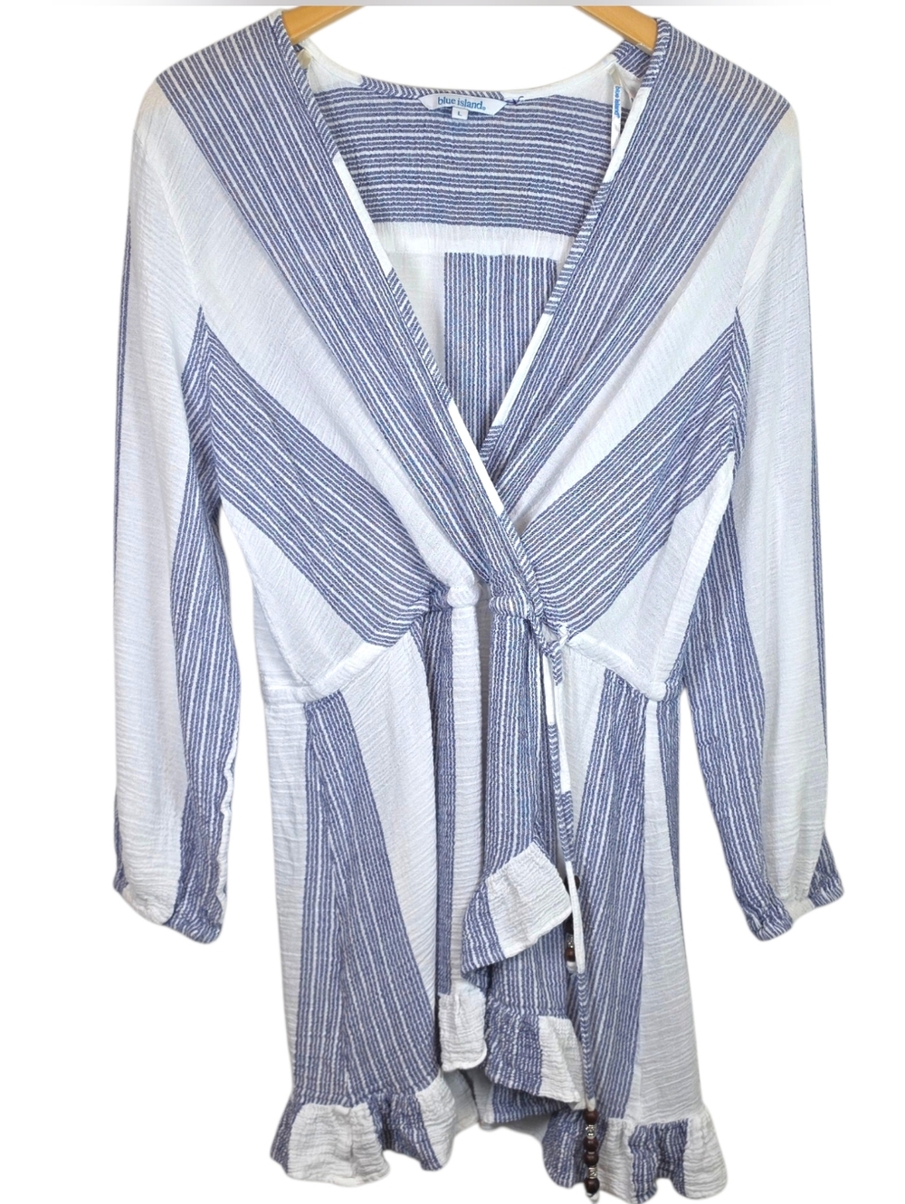 Blue Island Gauze Cover Up Faux Wrap Dress Sz L  Nautical Beachy Coastal Grandma